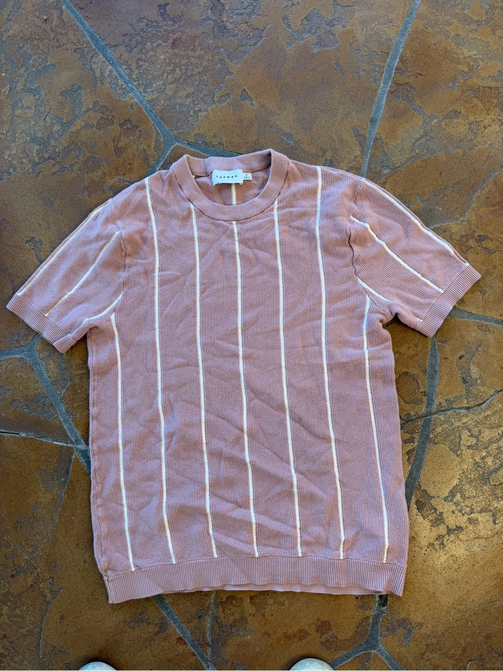 Topman 100% Cotton Knit Pink White Striped Crewneck Short Sleeve Sweater Tee M